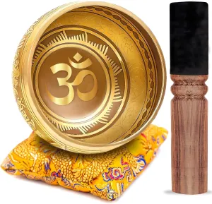 Tibetan Singing Bowl Set Bronze - Master Healing Grade - Pure Tone With Tibetan Thangka Art By Himalayan Bazaar (Gold & Yellow)