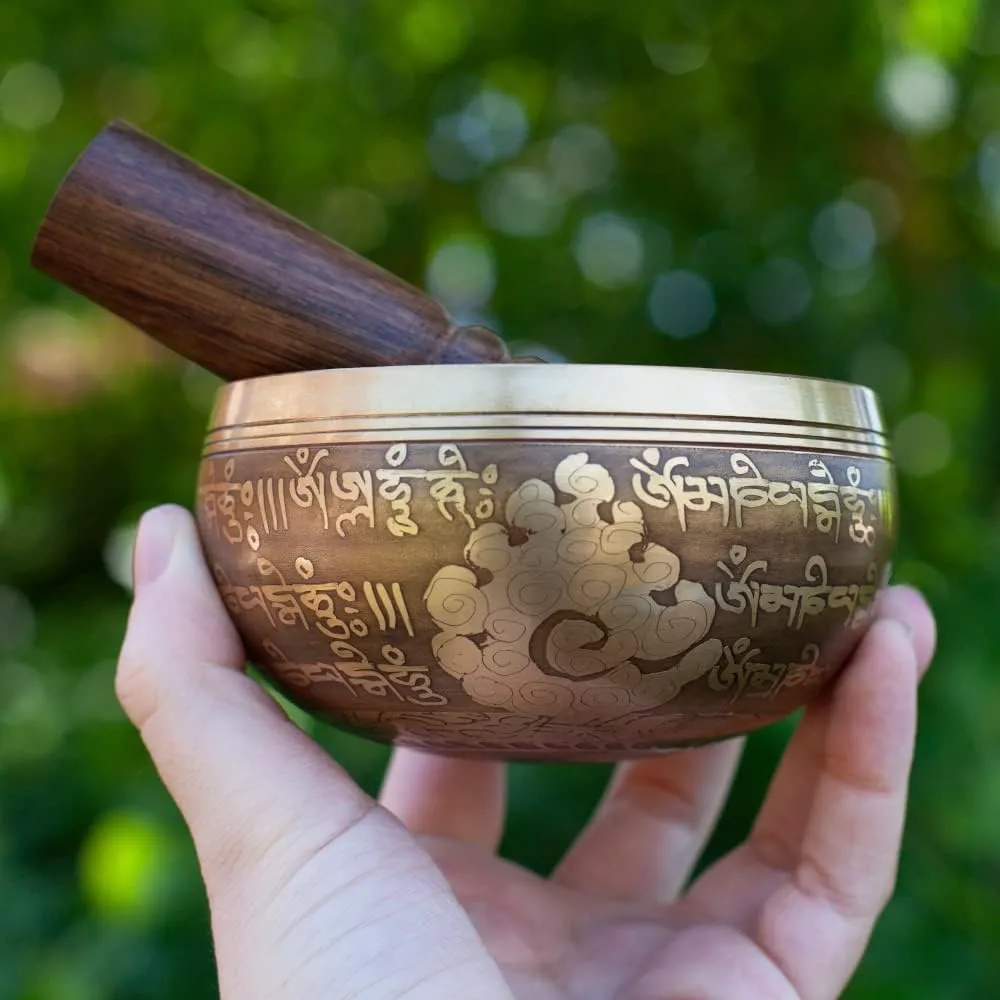 Tibetan Singing Bowl Set Bronze - Master Healing Grade - Pure Tone With Tibetan Thangka Art By Himalayan Bazaar (Gold & Yellow)