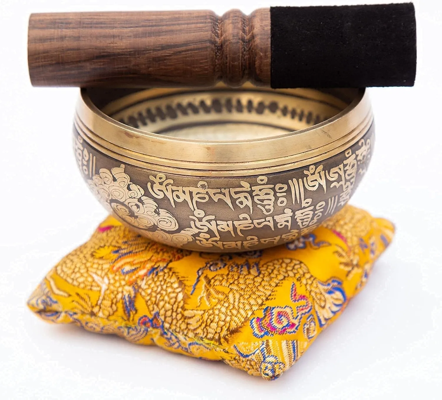 Tibetan Singing Bowl Set Bronze - Master Healing Grade - Pure Tone With Tibetan Thangka Art By Himalayan Bazaar (Gold & Yellow)
