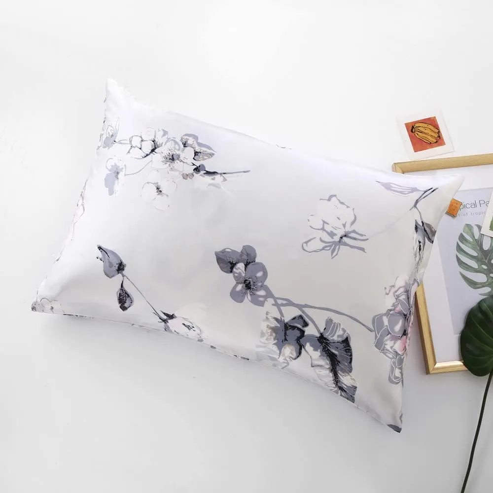 Tim & Tina 100% Pure Mulberry Luxury Silk Satin Pillowcase,Good for Skin and Hair (Toddler/Travel(14"*19"), Flowers(Silver Gray))