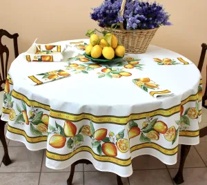 Tissus Toselli, Citrons, White French Provence Coated Cotton Tablecloth, 71" Round, Imported