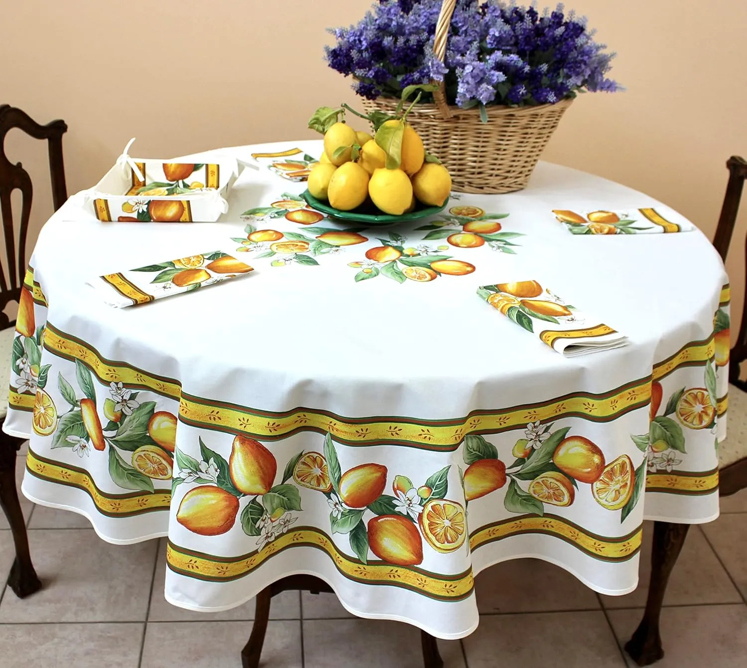 Tissus Toselli, Citrons, White French Provence Coated Cotton Tablecloth, 71" Round, Imported