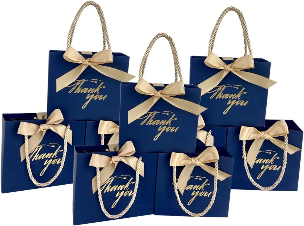 TKSBAG 20 Pack Small Navy Blue Thank You Gift Bags With Handles-5.5''x 2.5''x4.7'' Mini Gift Bags Bulk for Baby Shower, Birthday, Wedding