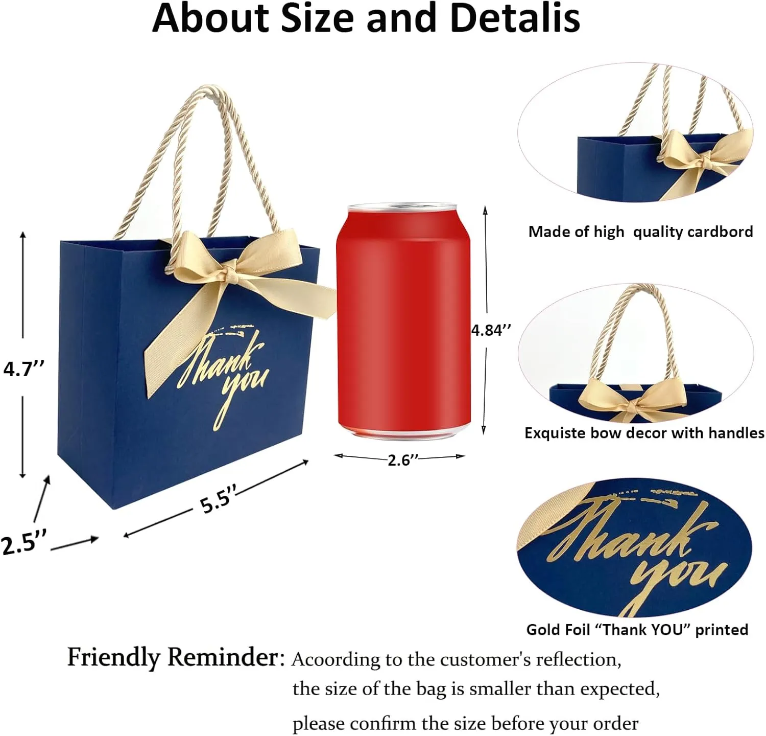 TKSBAG 20 Pack Small Navy Blue Thank You Gift Bags With Handles-5.5''x 2.5''x4.7'' Mini Gift Bags Bulk for Baby Shower, Birthday, Wedding