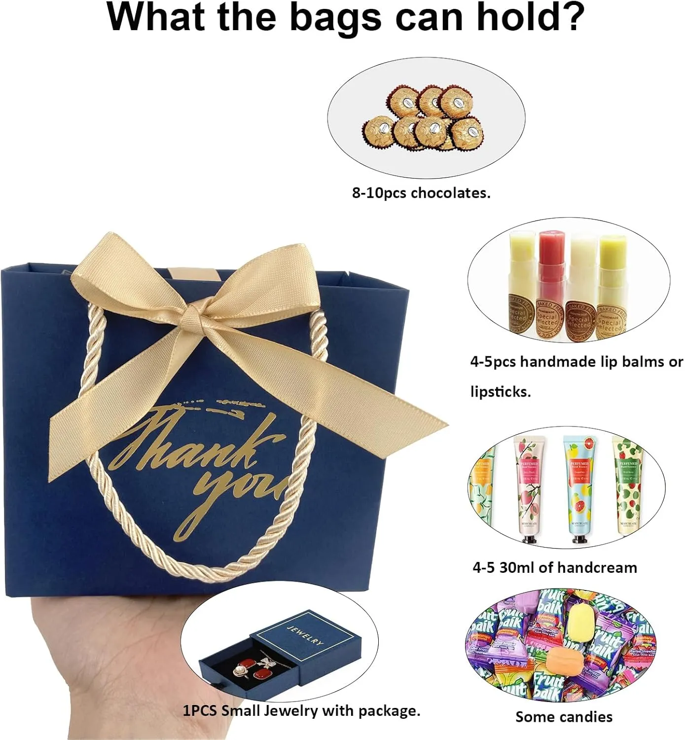 TKSBAG 20 Pack Small Navy Blue Thank You Gift Bags With Handles-5.5''x 2.5''x4.7'' Mini Gift Bags Bulk for Baby Shower, Birthday, Wedding