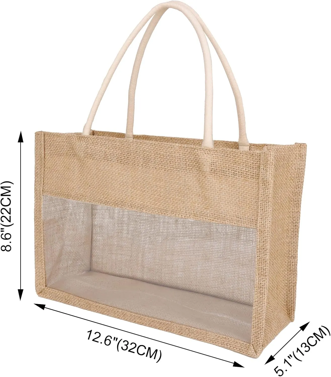TopTie 6 PCS Burlap Tote with Transparent PVC Film Window, Jute Beach Tote Reusable Grocery Bags