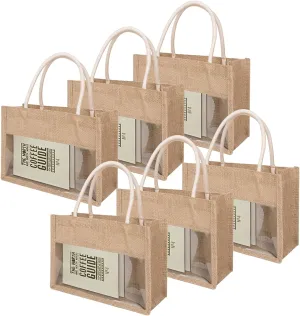 TopTie 6 PCS Burlap Tote with Transparent PVC Film Window, Jute Beach Tote Reusable Grocery Bags