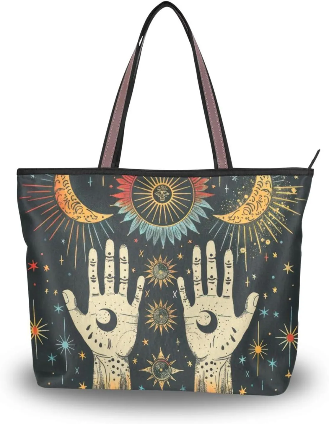 Tote Bag for Women Hand Moon Symboo Tribal Durable Designer Handbag with Zipper for Daily Use Travel L