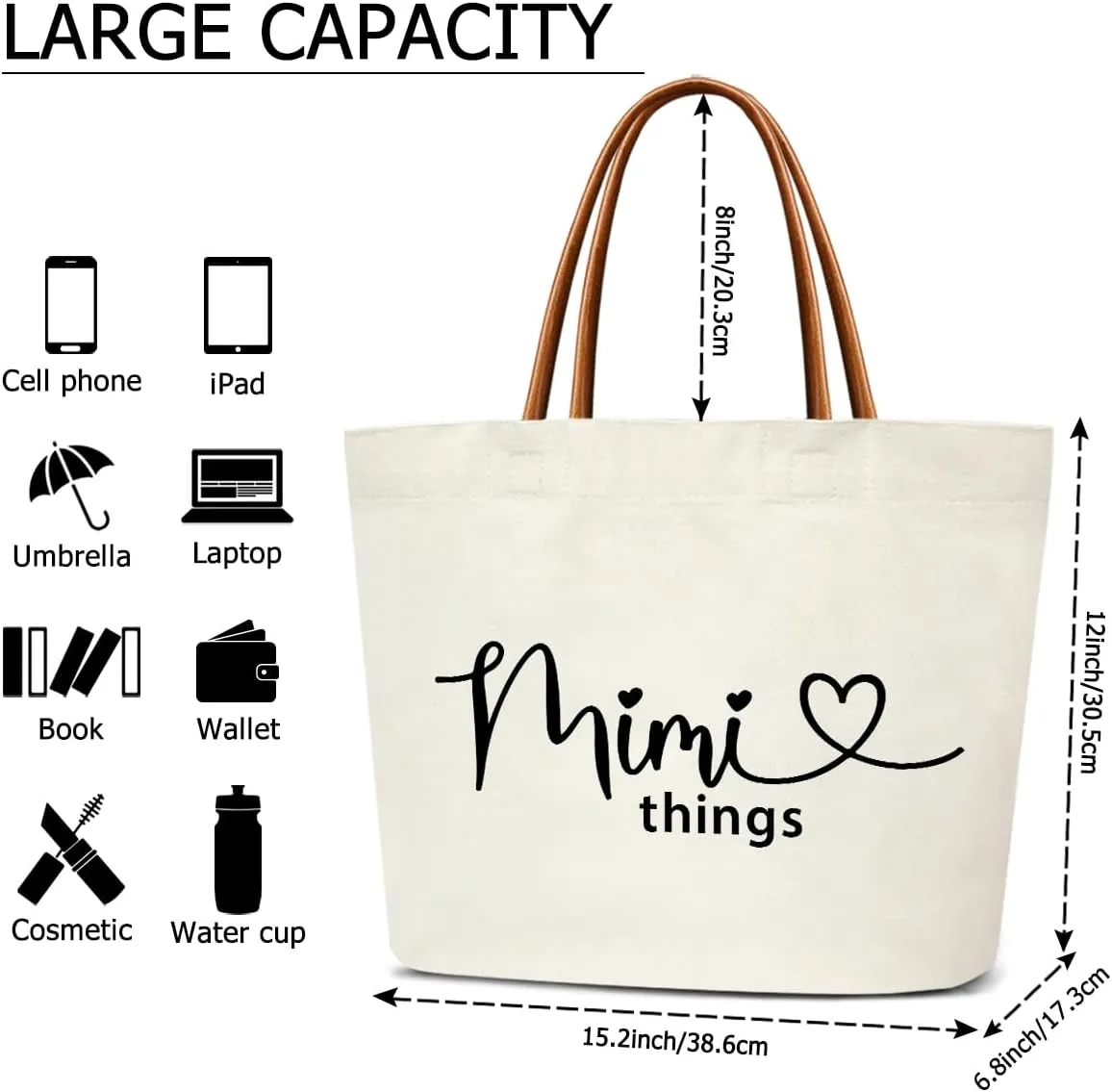 Tote Bag For Women Large Shoulder Canvas Tote Bag with Leather Handles Reusable Grocery Bags for Vacation, Shopping