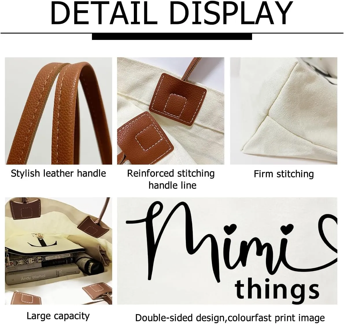 Tote Bag For Women Large Shoulder Canvas Tote Bag with Leather Handles Reusable Grocery Bags for Vacation, Shopping