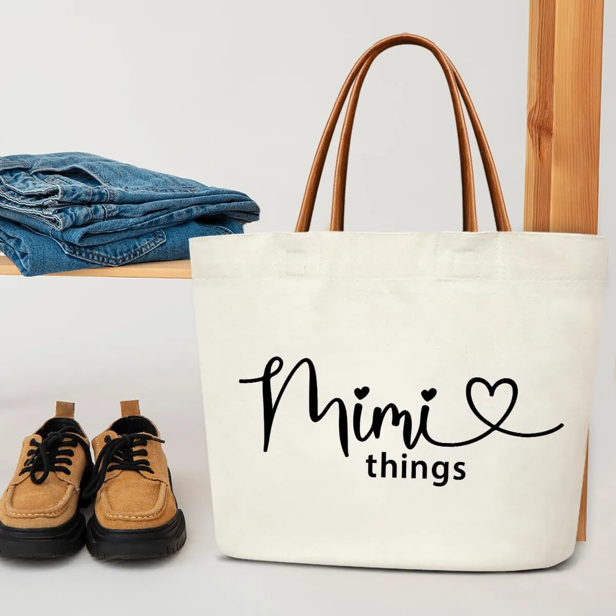 Tote Bag For Women Large Shoulder Canvas Tote Bag with Leather Handles Reusable Grocery Bags for Vacation, Shopping