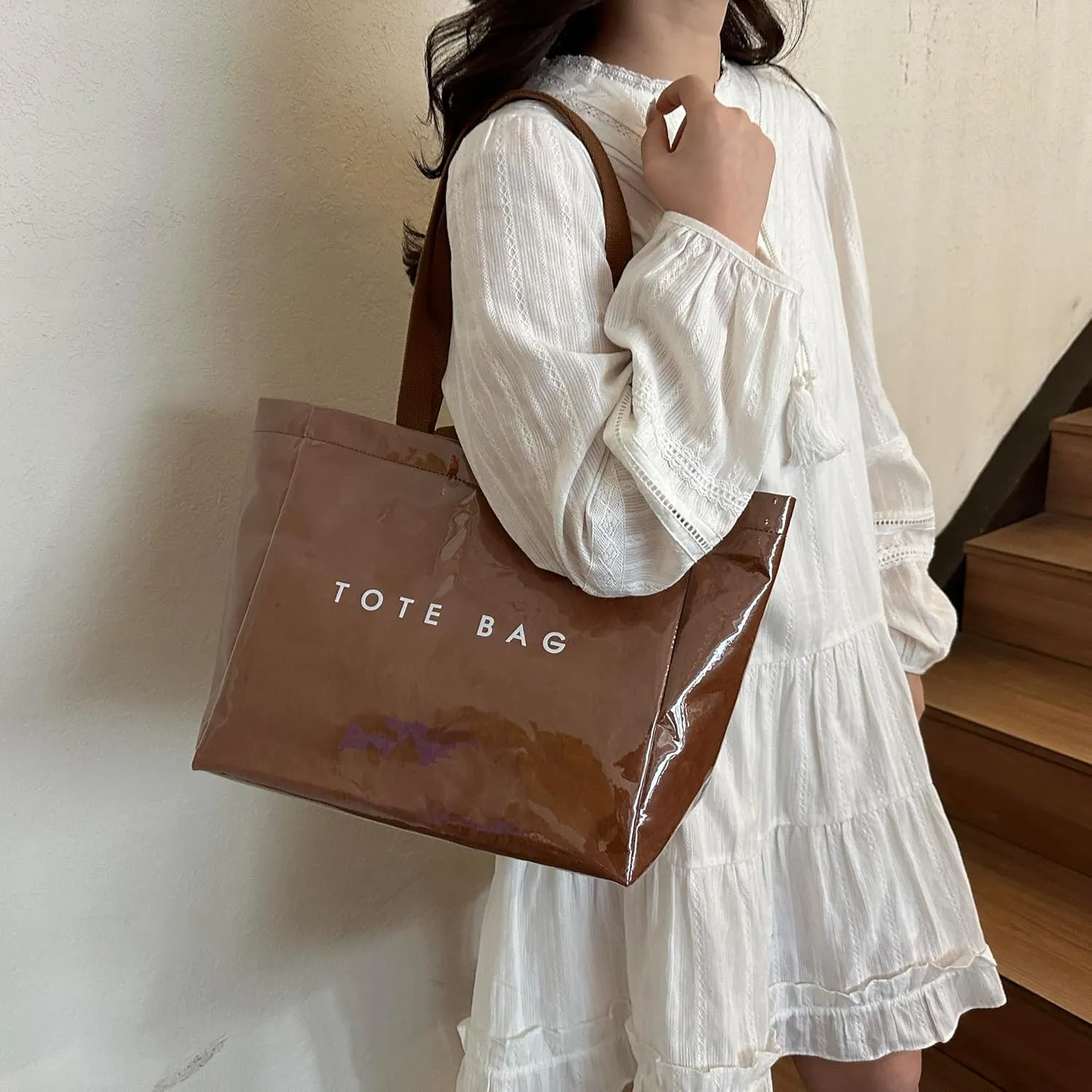 Tote Bag for Women,Large Work Tote Bag Letter Printed Bag PVC Tote Bag Clear Plastic Shoulder Bag Top Handle Hobo Bag