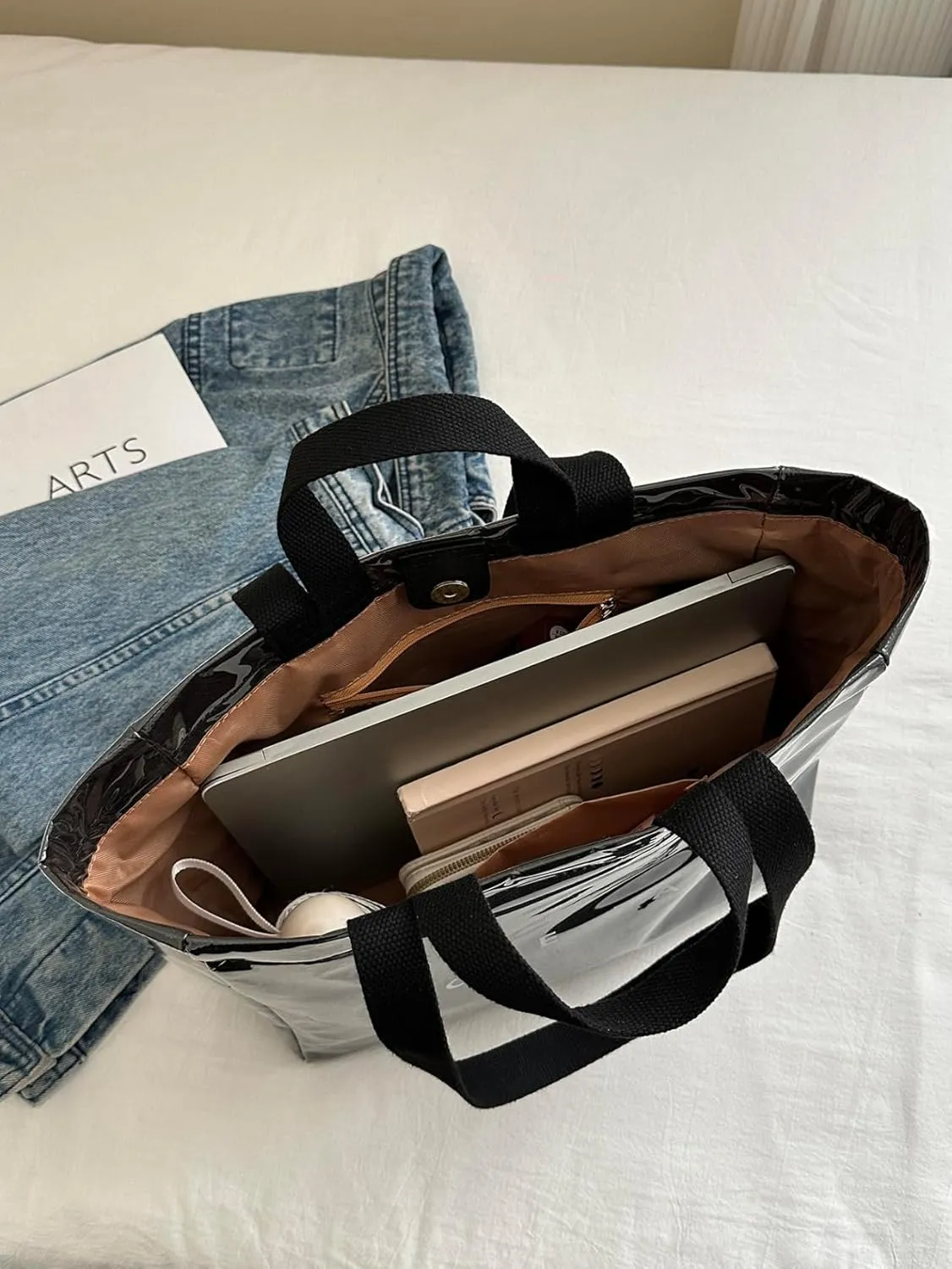Tote Bag for Women,Large Work Tote Bag Letter Printed Bag PVC Tote Bag Clear Plastic Shoulder Bag Top Handle Hobo Bag