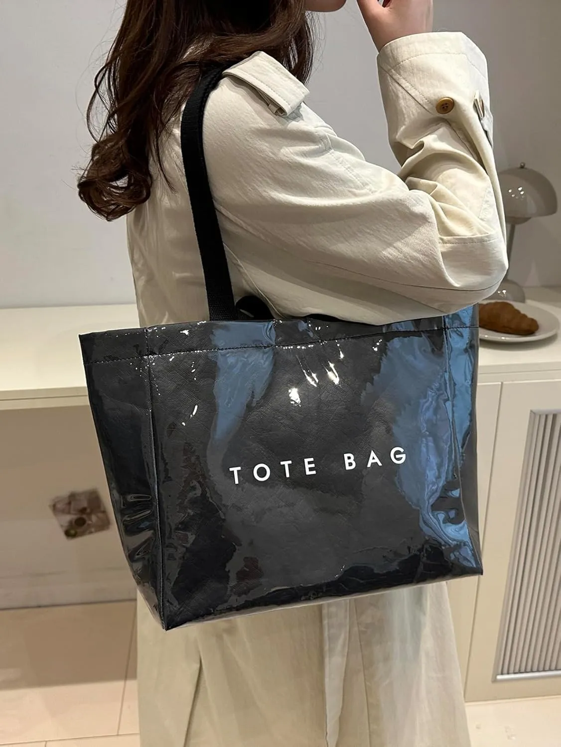 Tote Bag for Women,Large Work Tote Bag Letter Printed Bag PVC Tote Bag Clear Plastic Shoulder Bag Top Handle Hobo Bag