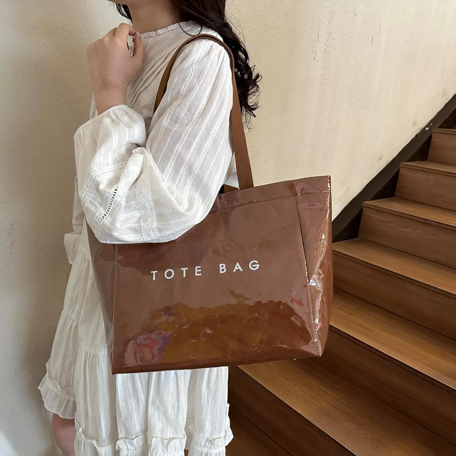 Tote Bag for Women,Large Work Tote Bag Letter Printed Bag PVC Tote Bag Clear Plastic Shoulder Bag Top Handle Hobo Bag