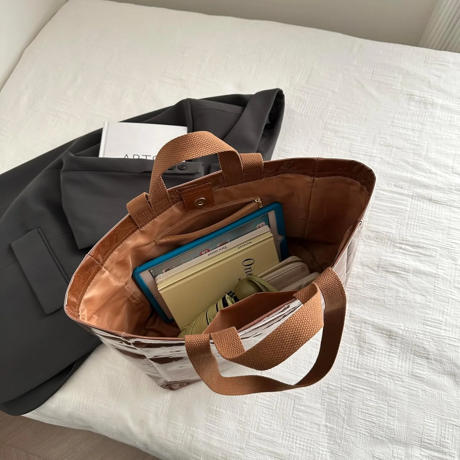 Tote Bag for Women,Large Work Tote Bag Letter Printed Bag PVC Tote Bag Clear Plastic Shoulder Bag Top Handle Hobo Bag