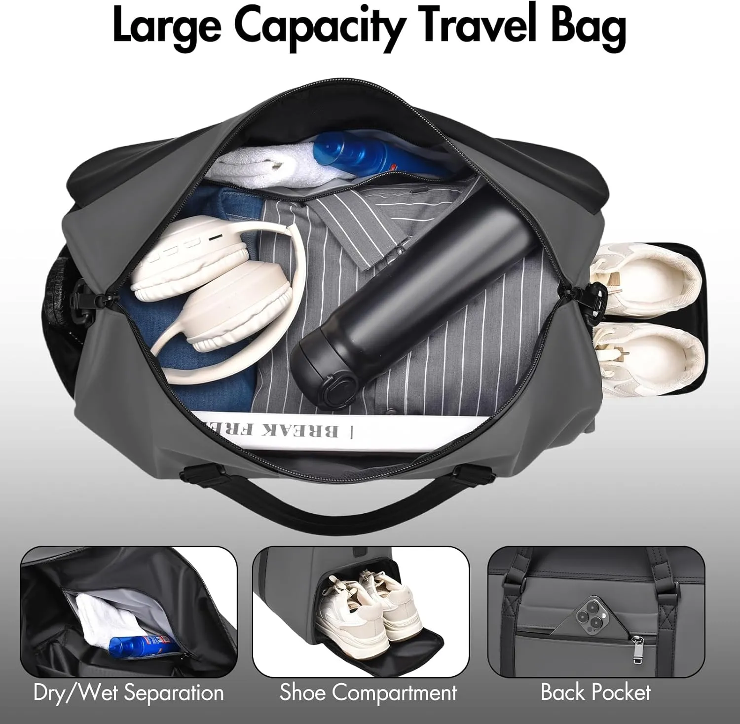 Travel Bag for Men Women, Duffle Bags for Travel with Shoe Compartment Weekender Overnight Carry On Bag with Dry Wet Separated Pocket Personal Item Bag for Gym Trip Workout