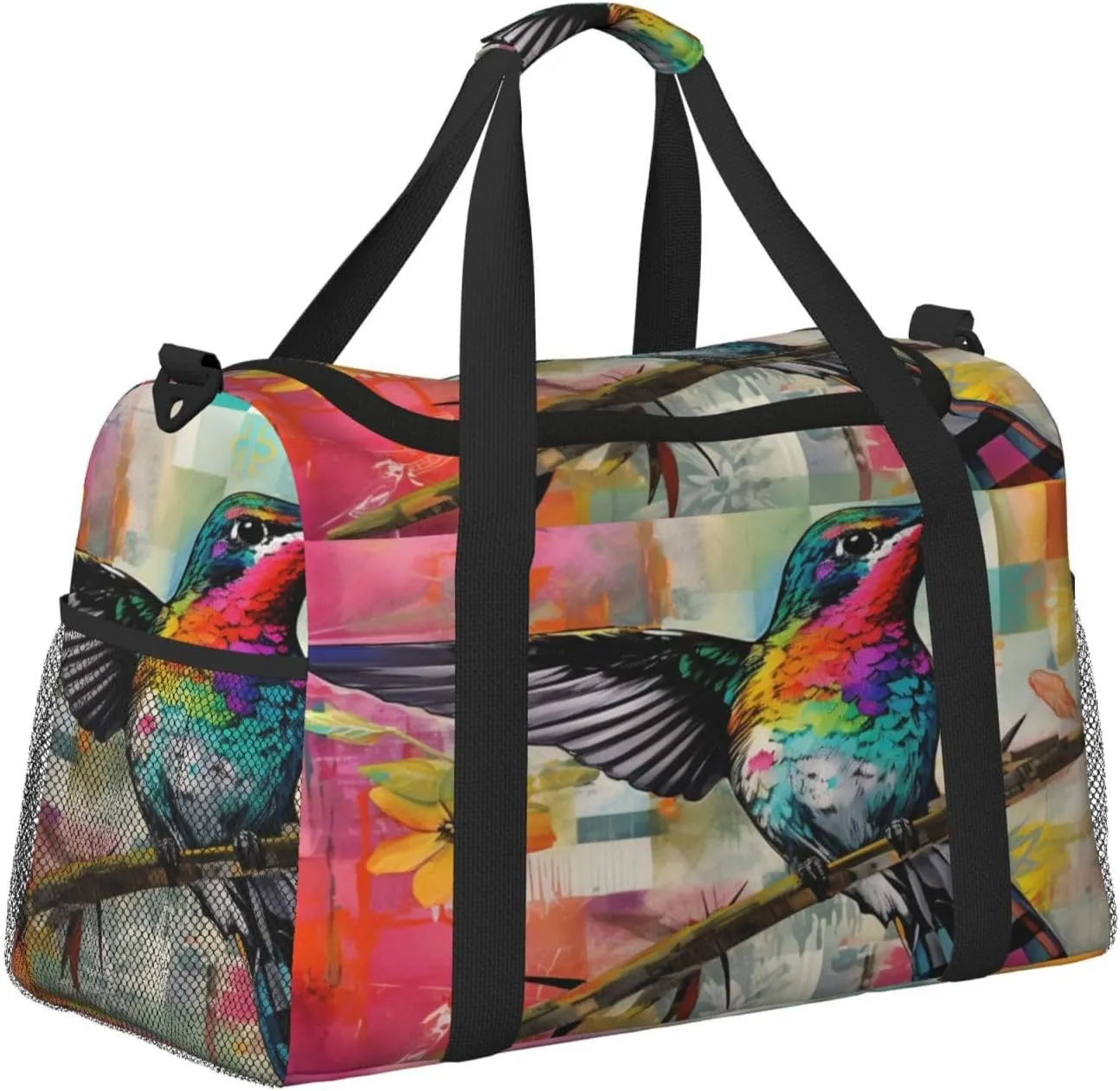 Travel Duffel Bag For Men Women, Hummingbird Colorful Plaid Collage Painting Carry On Sport Gym Bag With Shoulder Strap Lightweight Waterproof Weekender Bag Overnight Bag
