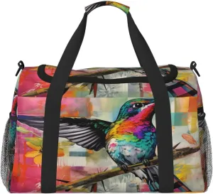 Travel Duffel Bag For Men Women, Hummingbird Colorful Plaid Collage Painting Carry On Sport Gym Bag With Shoulder Strap Lightweight Waterproof Weekender Bag Overnight Bag