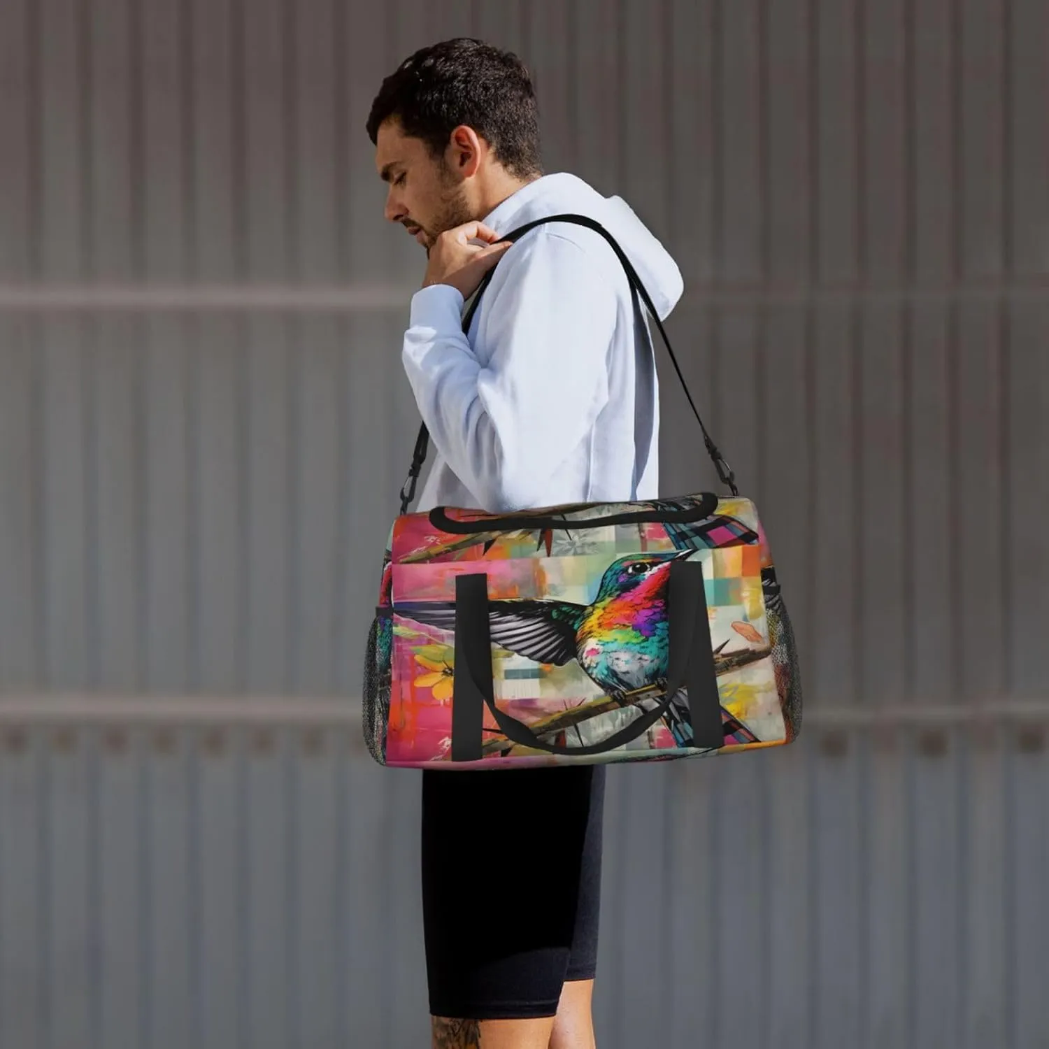 Travel Duffel Bag For Men Women, Hummingbird Colorful Plaid Collage Painting Carry On Sport Gym Bag With Shoulder Strap Lightweight Waterproof Weekender Bag Overnight Bag