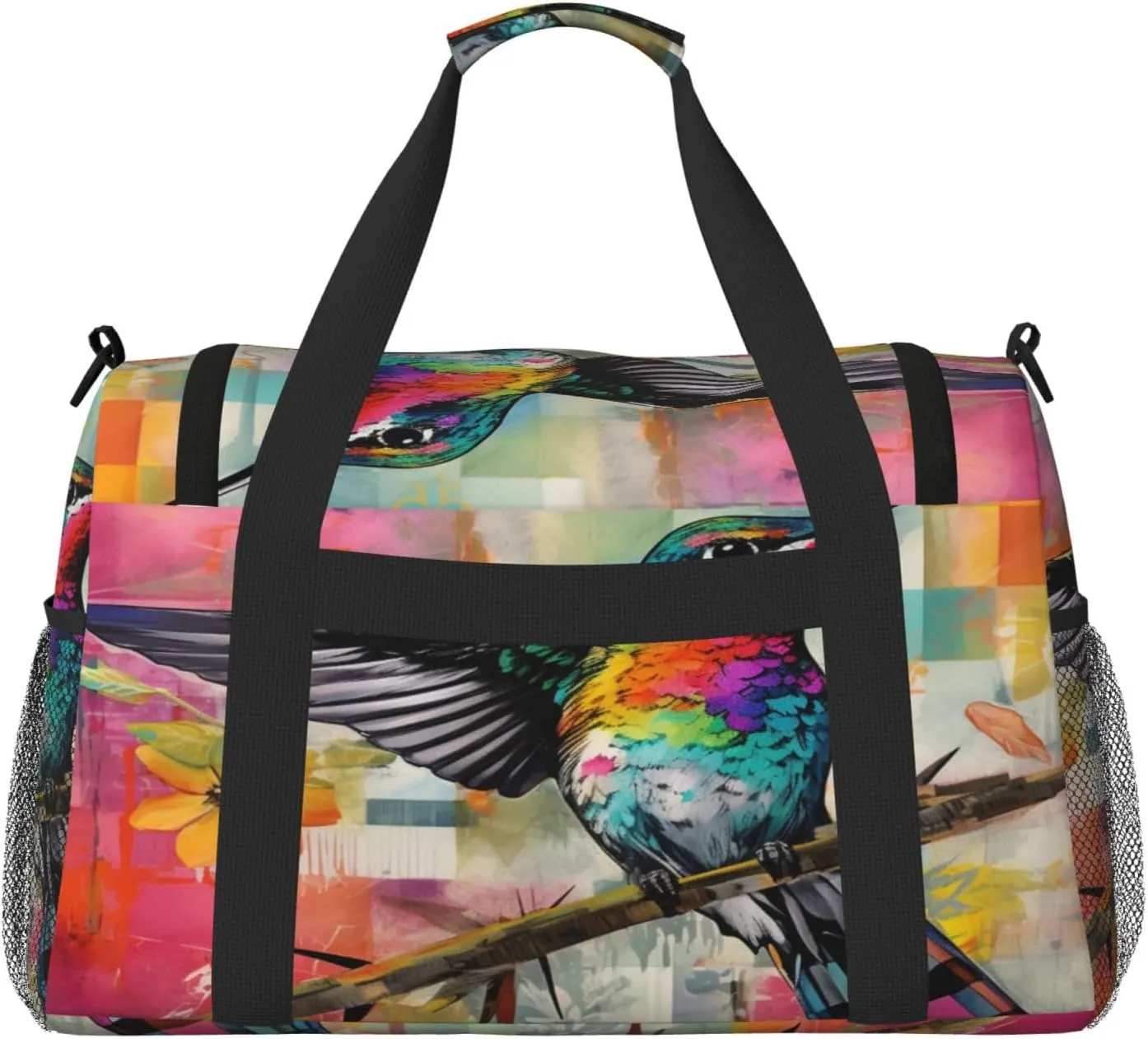 Travel Duffel Bag For Men Women, Hummingbird Colorful Plaid Collage Painting Carry On Sport Gym Bag With Shoulder Strap Lightweight Waterproof Weekender Bag Overnight Bag