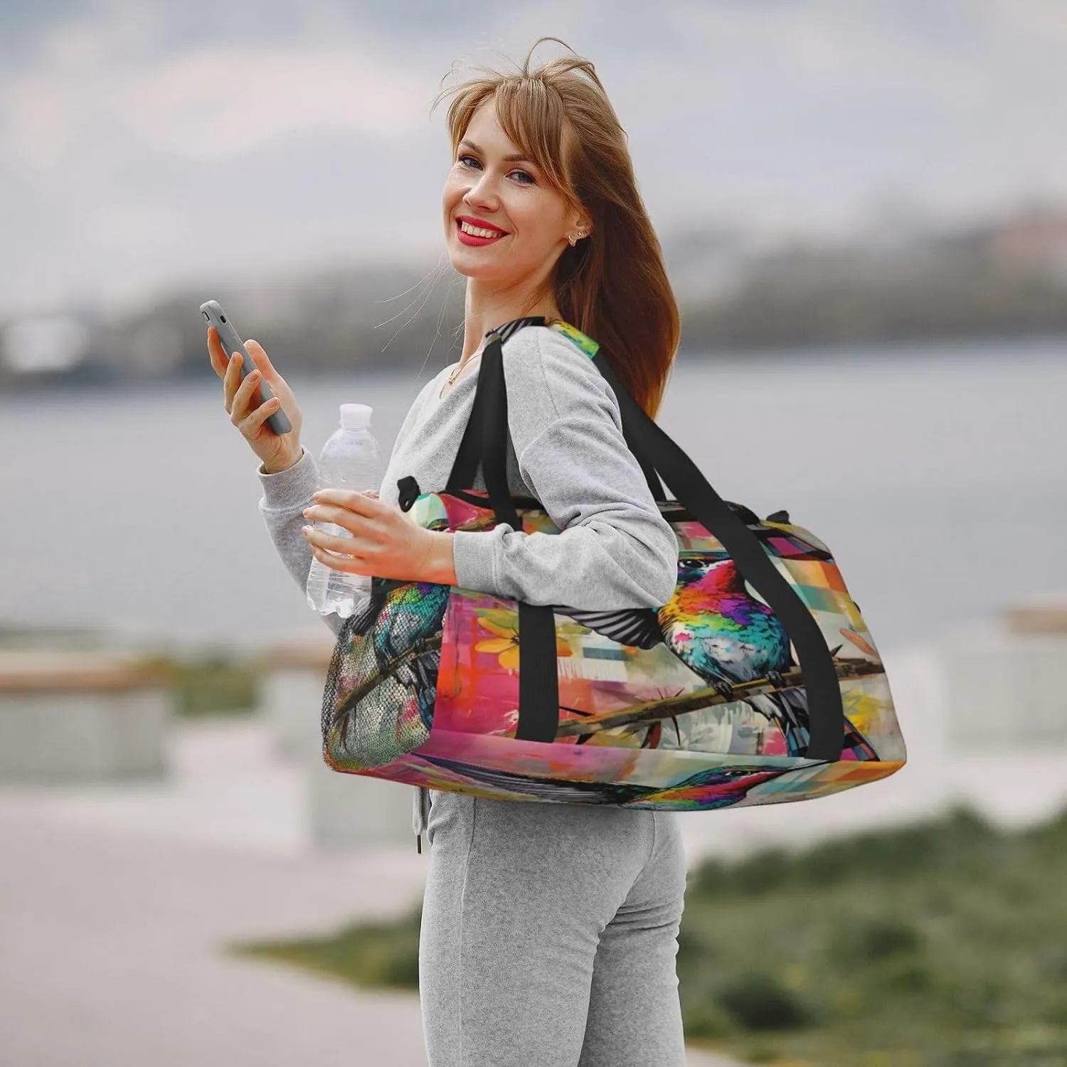 Travel Duffel Bag For Men Women, Hummingbird Colorful Plaid Collage Painting Carry On Sport Gym Bag With Shoulder Strap Lightweight Waterproof Weekender Bag Overnight Bag