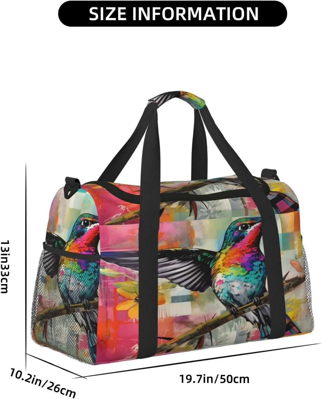 Travel Duffel Bag For Men Women, Hummingbird Colorful Plaid Collage Painting Carry On Sport Gym Bag With Shoulder Strap Lightweight Waterproof Weekender Bag Overnight Bag