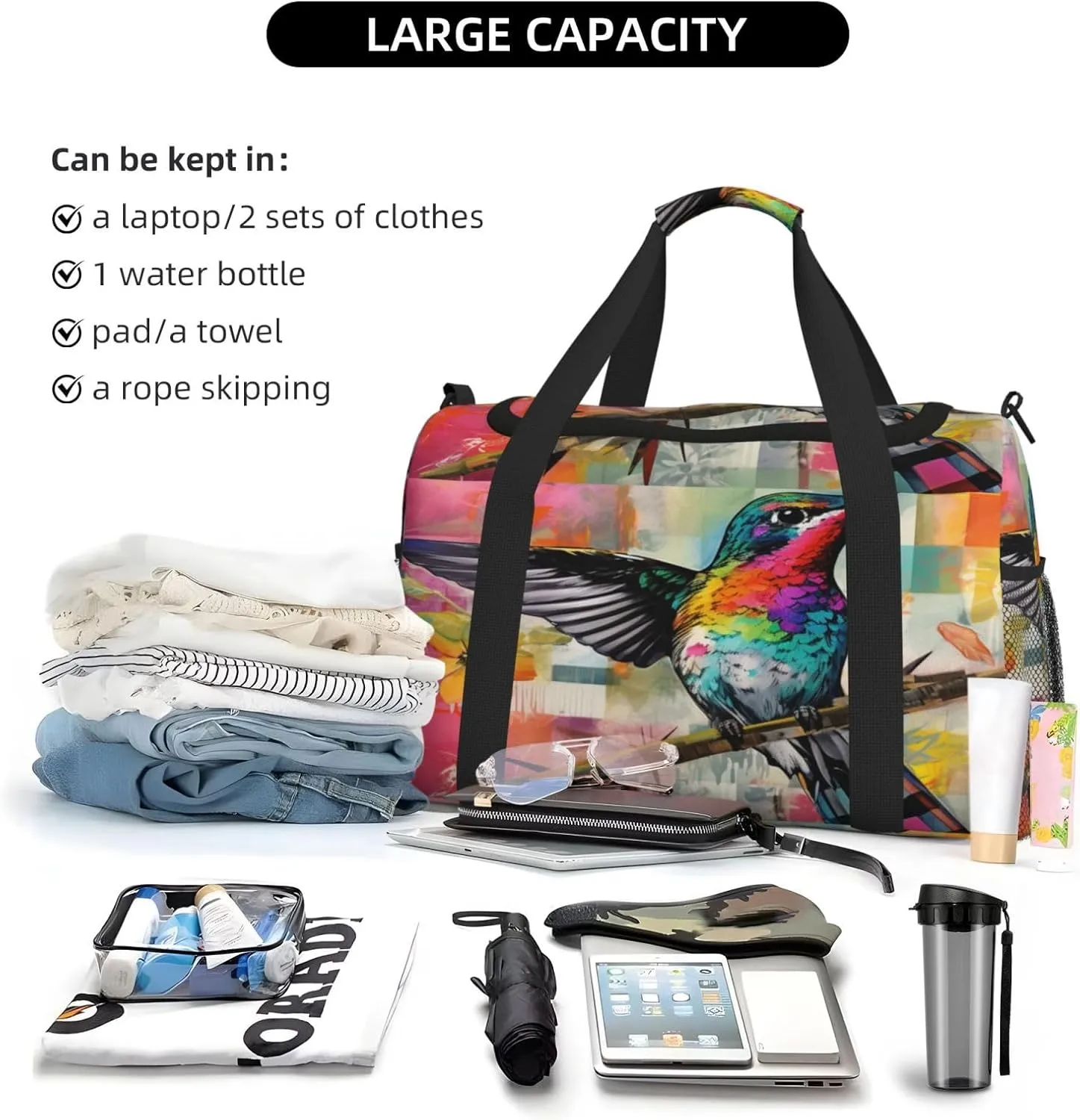 Travel Duffel Bag For Men Women, Hummingbird Colorful Plaid Collage Painting Carry On Sport Gym Bag With Shoulder Strap Lightweight Waterproof Weekender Bag Overnight Bag