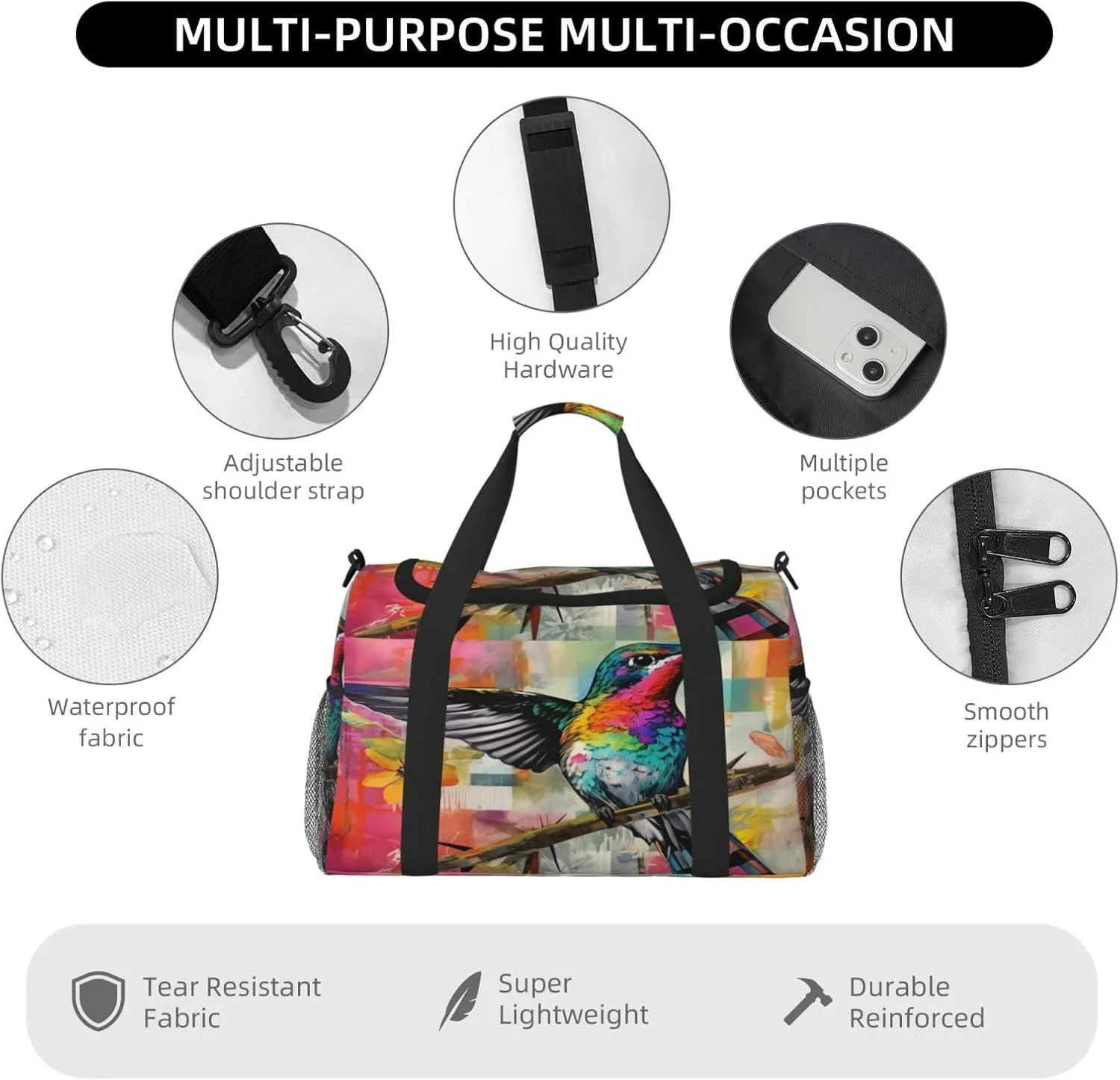 Travel Duffel Bag For Men Women, Hummingbird Colorful Plaid Collage Painting Carry On Sport Gym Bag With Shoulder Strap Lightweight Waterproof Weekender Bag Overnight Bag