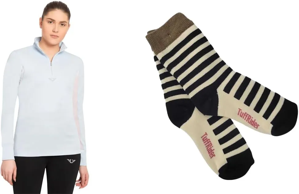 TuffRider Ladies Ventilated Technical Long Sleeve Sport Shirt with Free Assorted Striped Socks