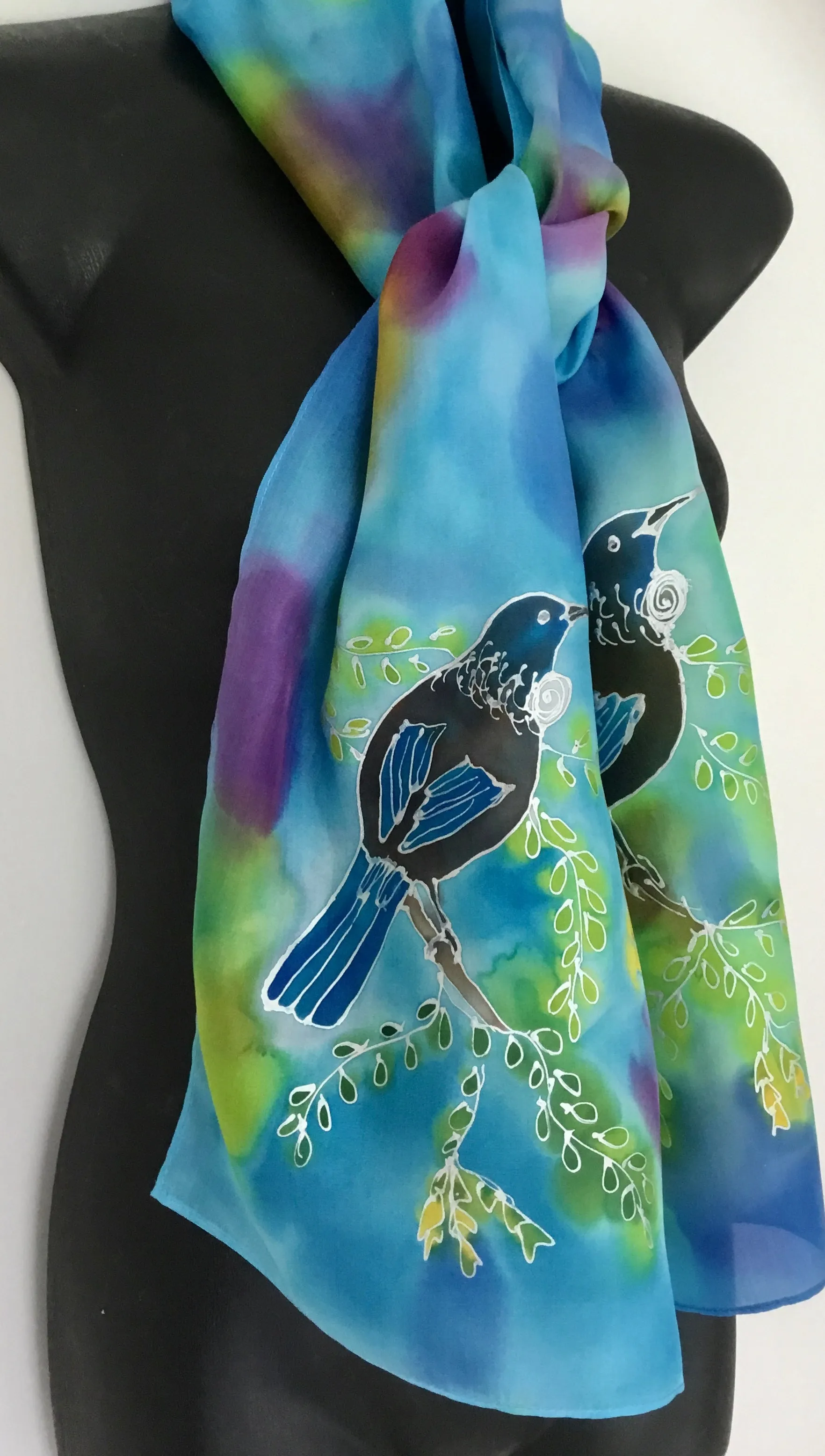 Tui & Kowhai Tree, Multi Colour - Hand painted Silk Scarf