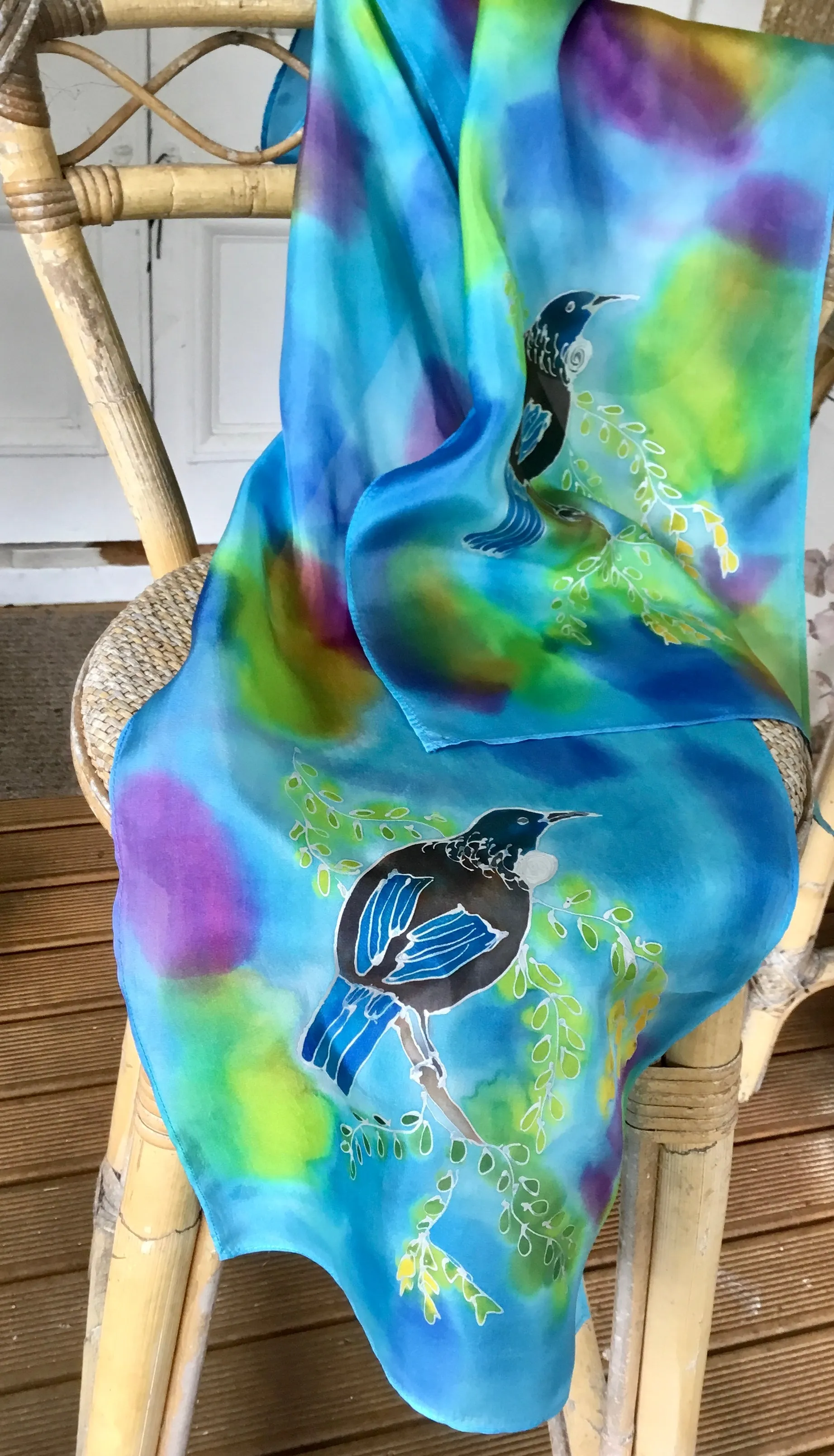 Tui & Kowhai Tree, Multi Colour - Hand painted Silk Scarf