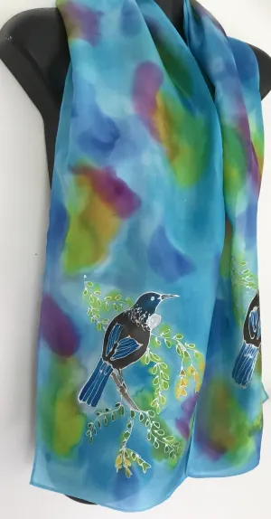 Tui & Kowhai Tree, Multi Colour - Hand painted Silk Scarf