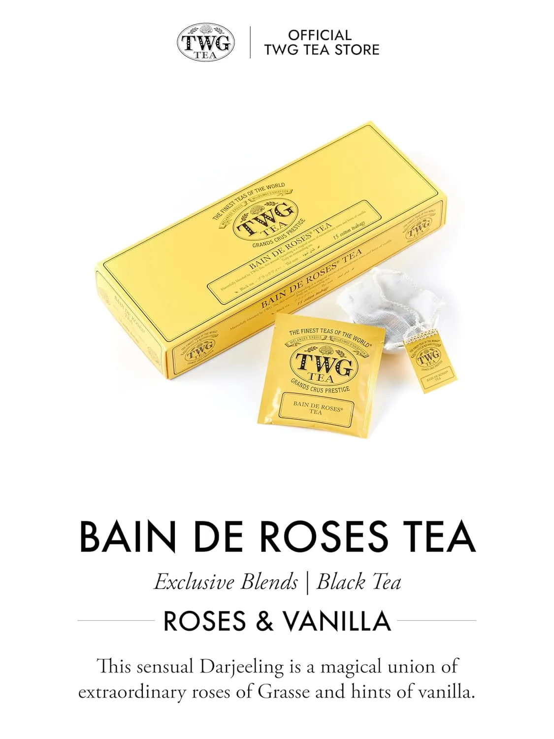 TWG Tea | Bain de Roses Tea | Black Tea | Rosebuds & Rose Petals | 15 Hand Sewn Cotton Tea Bags | Gift Set