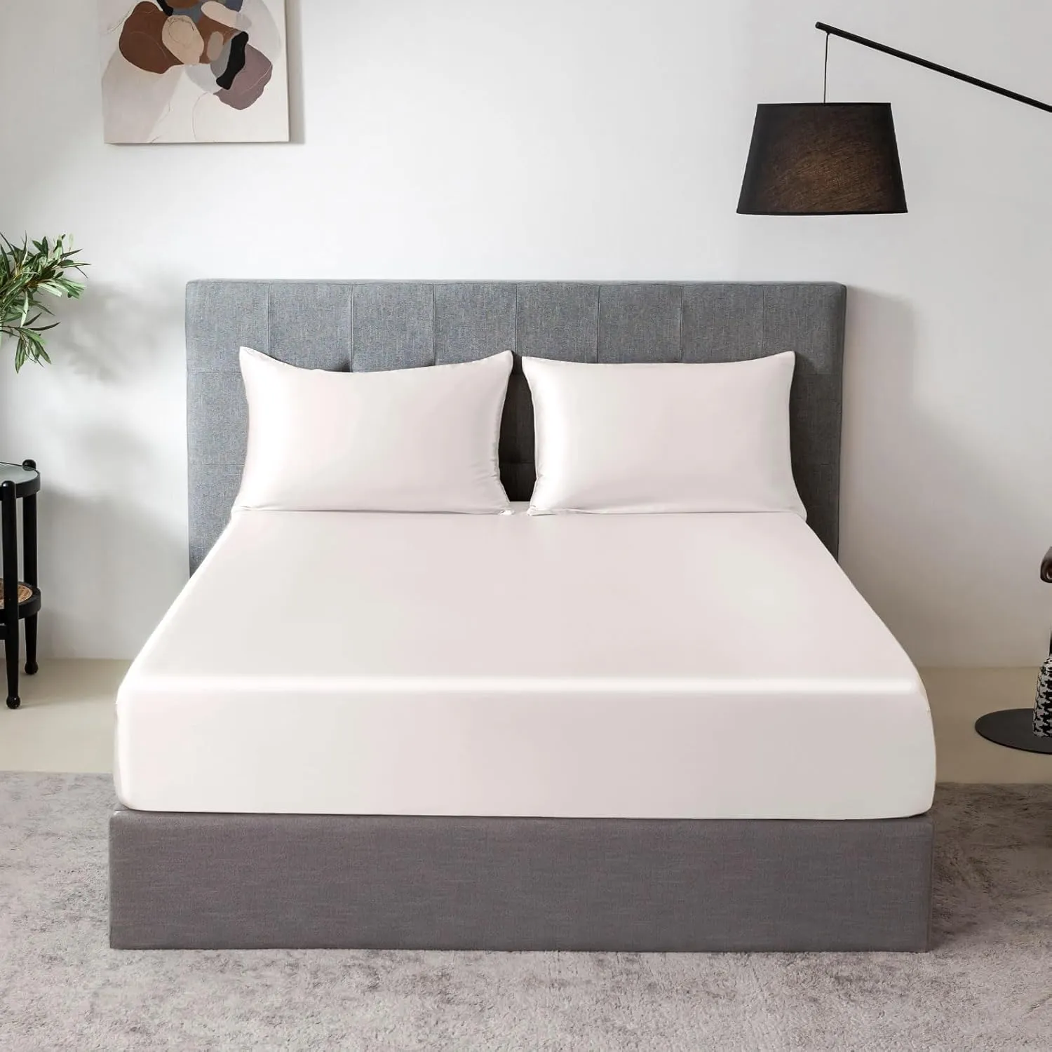 TXHSILK 100% Mulberry Silk Fitted Sheet Set, 7A  Silk 3 Pieces Bed Sheets, Breathable, Smooth, 16 Inch Deep Pocket Fitted Sheet, 2 Pillowcases - White, Queen
