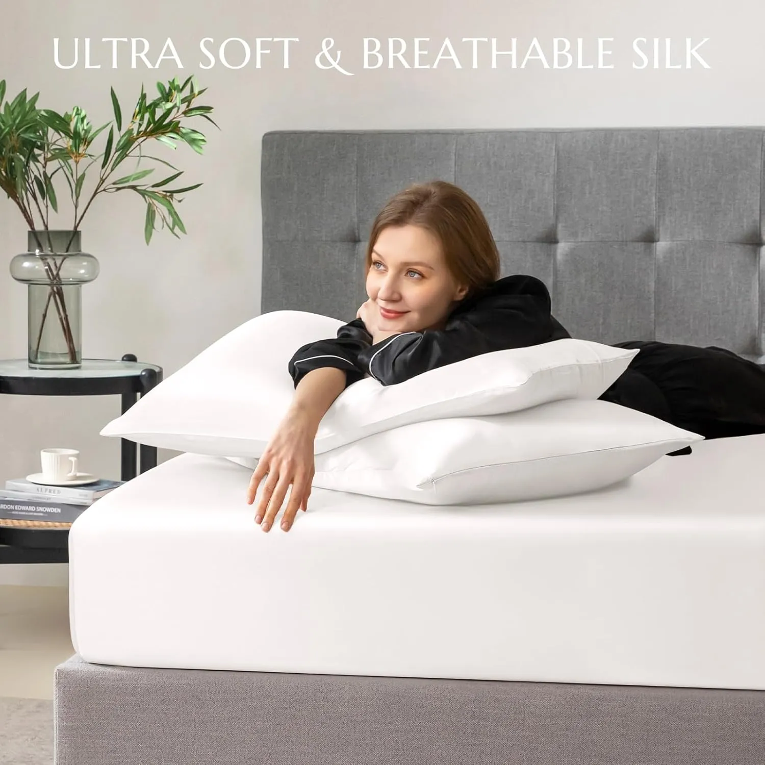 TXHSILK 100% Mulberry Silk Fitted Sheet Set, 7A  Silk 3 Pieces Bed Sheets, Breathable, Smooth, 16 Inch Deep Pocket Fitted Sheet, 2 Pillowcases - White, Queen