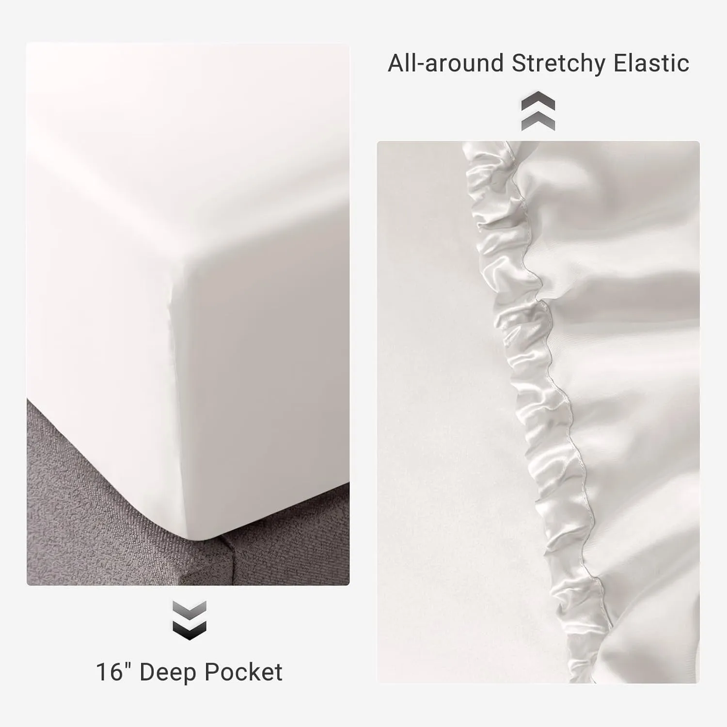 TXHSILK 100% Mulberry Silk Fitted Sheet Set, 7A  Silk 3 Pieces Bed Sheets, Breathable, Smooth, 16 Inch Deep Pocket Fitted Sheet, 2 Pillowcases - White, Queen