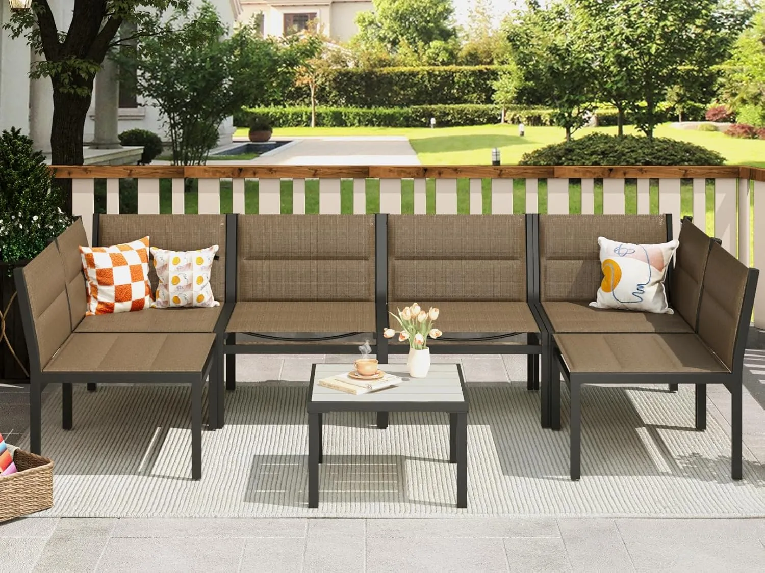 U-MAX 7 Pieces Patio Furniture Set, Cotton-Filled Textilene Fabric Outdoor Conversation Sets with Coffee Table, Outdoor Sectional Furniture for Garden, Backyard, Balcony, Lawn (Brown)