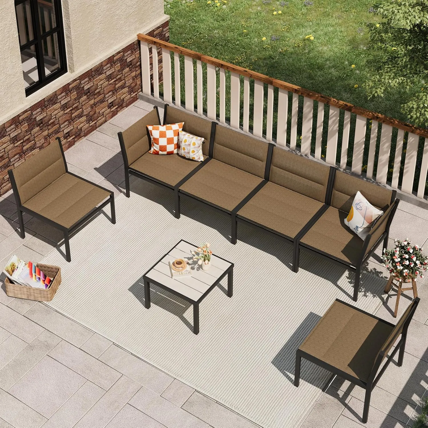 U-MAX 7 Pieces Patio Furniture Set, Cotton-Filled Textilene Fabric Outdoor Conversation Sets with Coffee Table, Outdoor Sectional Furniture for Garden, Backyard, Balcony, Lawn (Brown)