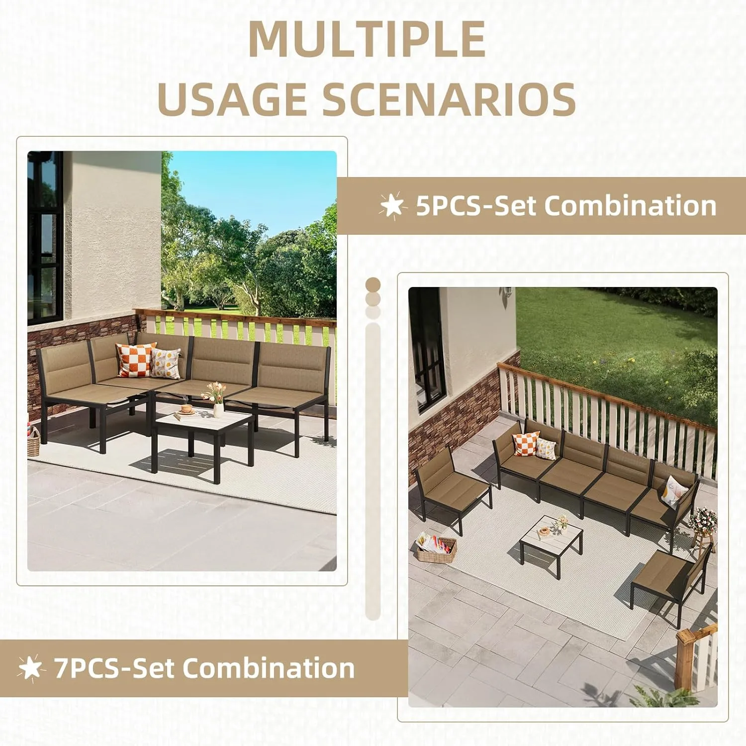U-MAX 7 Pieces Patio Furniture Set, Cotton-Filled Textilene Fabric Outdoor Conversation Sets with Coffee Table, Outdoor Sectional Furniture for Garden, Backyard, Balcony, Lawn (Brown)