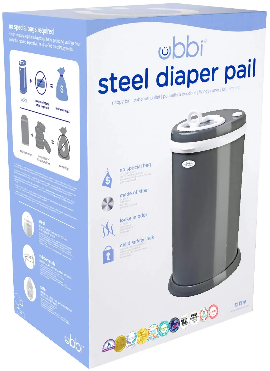 Ubbi Steel Diaper Pail, Odor Locking, No Special Bag Required, Award-Winning, Registry Must-Have, Slate
