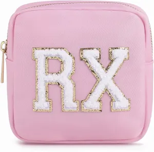 uekeboag Personalized Small Nylon Rx Cosmetic Bag, Cute Chenille Letter Patch Medicine Drug Pouch with Zipper,Preppy Makeup Travel Vitamin Bag for Women and Girls (Light Pink)