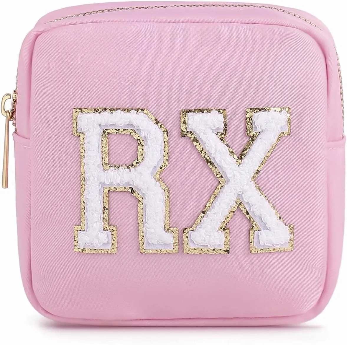 uekeboag Personalized Small Nylon Rx Cosmetic Bag, Cute Chenille Letter Patch Medicine Drug Pouch with Zipper,Preppy Makeup Travel Vitamin Bag for Women and Girls (Light Pink)