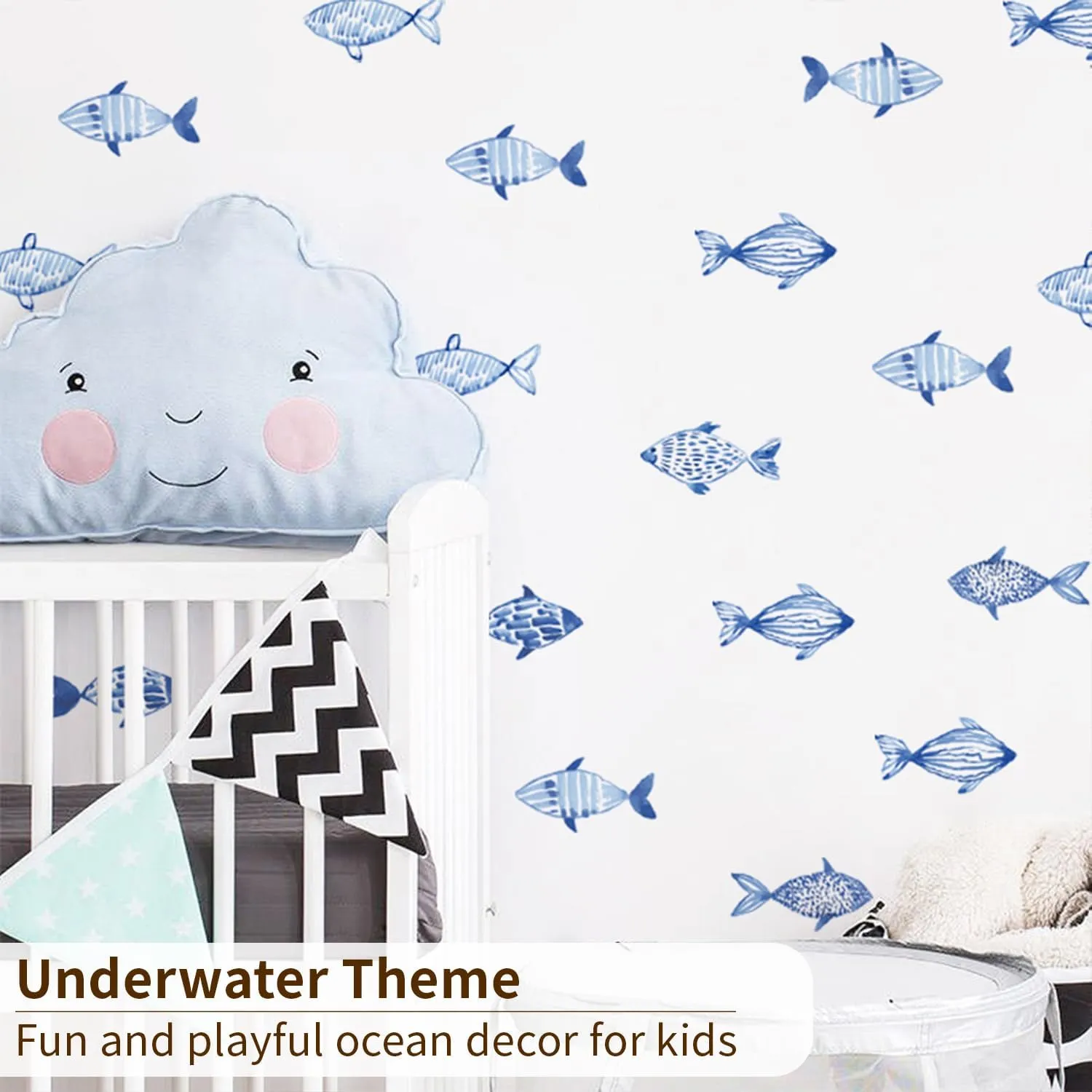 Under The Sea Wall Decals Peel and Stick, Vinyl Ocean Fish Wall Stickers for Kids Bedroom Playroom Decals, Wall Art Sticker Decor for Nursery Classroom Bathroom, Blue Fish