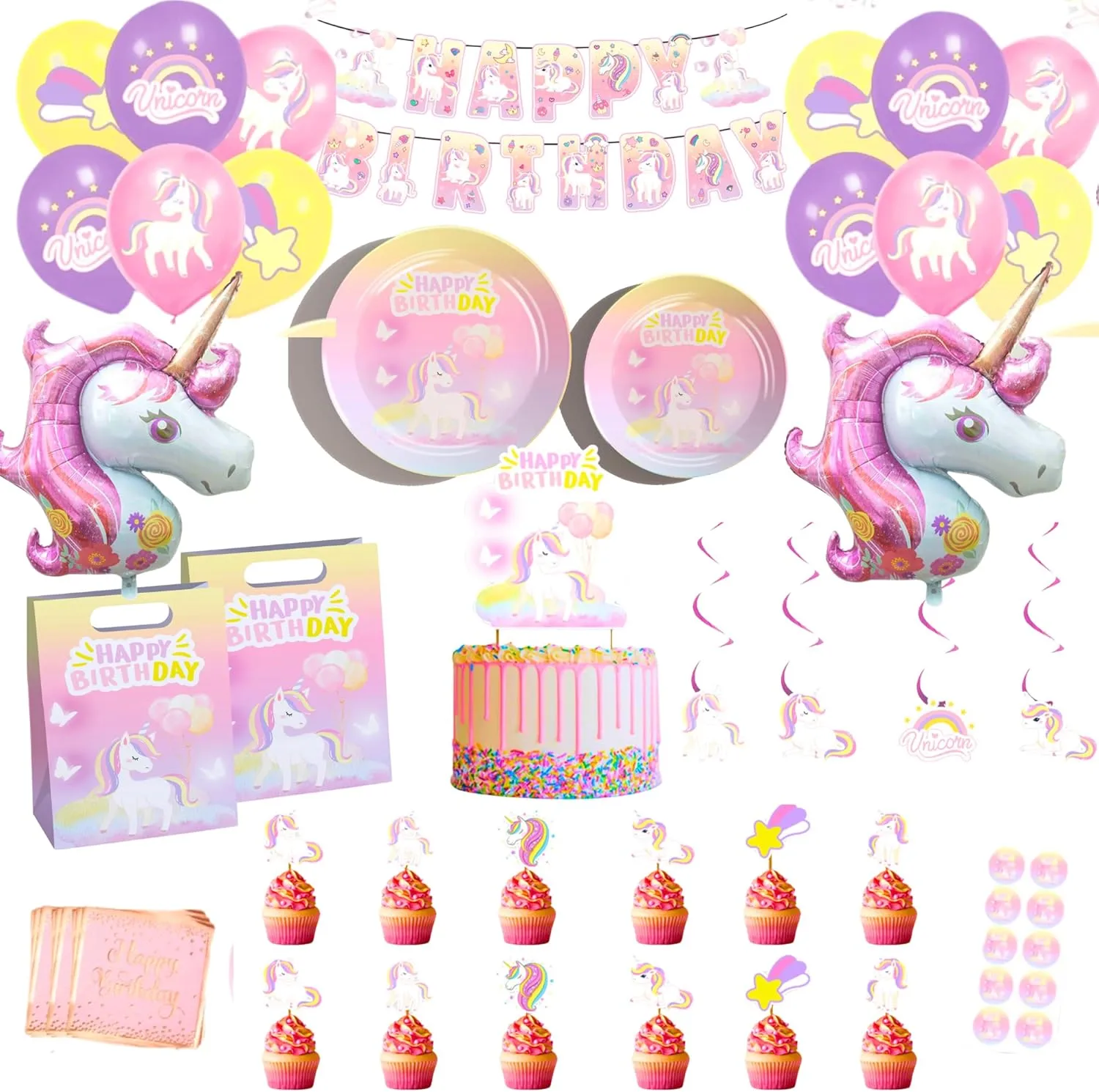 Unicorn Party Supplies for Girls – All-in-One Birthday Decoration Kit with Plates, Napkins, Balloons, Banner, Cupcake Toppers & Goodie Bags – Fits My Little Pony or White Pony Themes