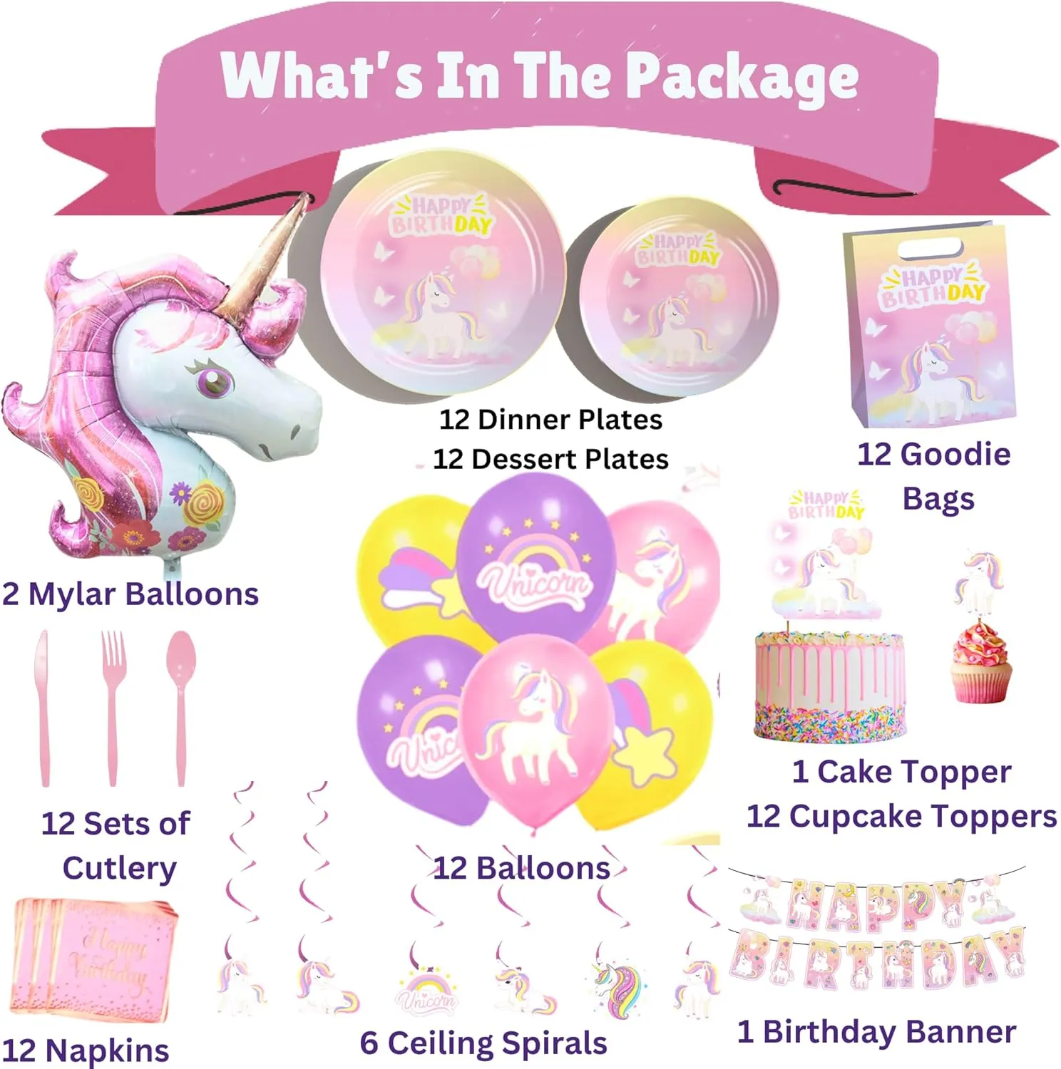 Unicorn Party Supplies for Girls – All-in-One Birthday Decoration Kit with Plates, Napkins, Balloons, Banner, Cupcake Toppers & Goodie Bags – Fits My Little Pony or White Pony Themes