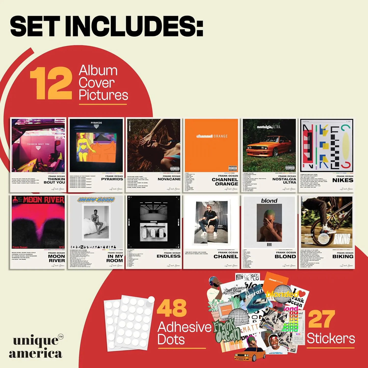 Unique America 12 Pcs| Posters, Album Cover Posters, Frank Ocean, Music Posters, Album Covers For Wall Decor, Frank Ocean Posters 12x16” Total 12 Frank Ocean Poster & 25 Stickers White Design Unframed