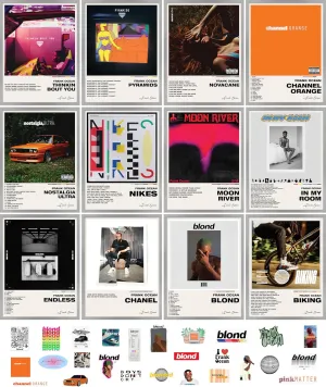 Unique America 12 Pcs| Posters, Album Cover Posters, Frank Ocean, Music Posters, Album Covers For Wall Decor, Frank Ocean Posters 12x16” Total 12 Frank Ocean Poster & 25 Stickers White Design Unframed