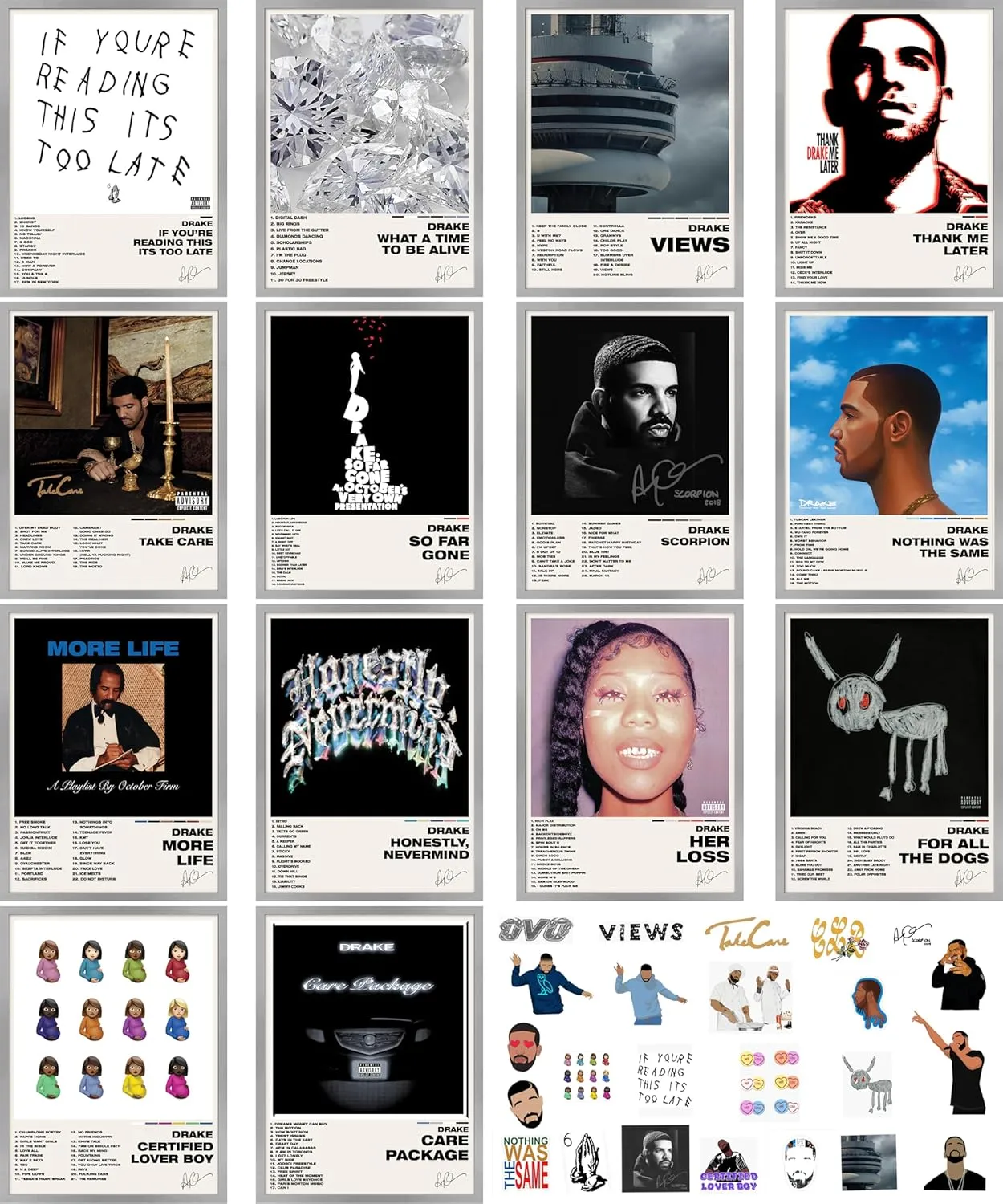 Unique America 14 Pcs|Drake Posters, Music Album Covers For Wall Decor, 12x16 Total 14 Drake & 25 Stickers White Design Unframed