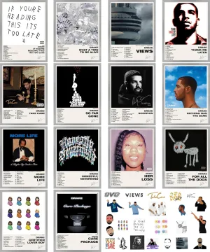 Unique America 14 Pcs|Drake Posters, Music Album Covers For Wall Decor, 12x16 Total 14 Drake & 25 Stickers White Design Unframed